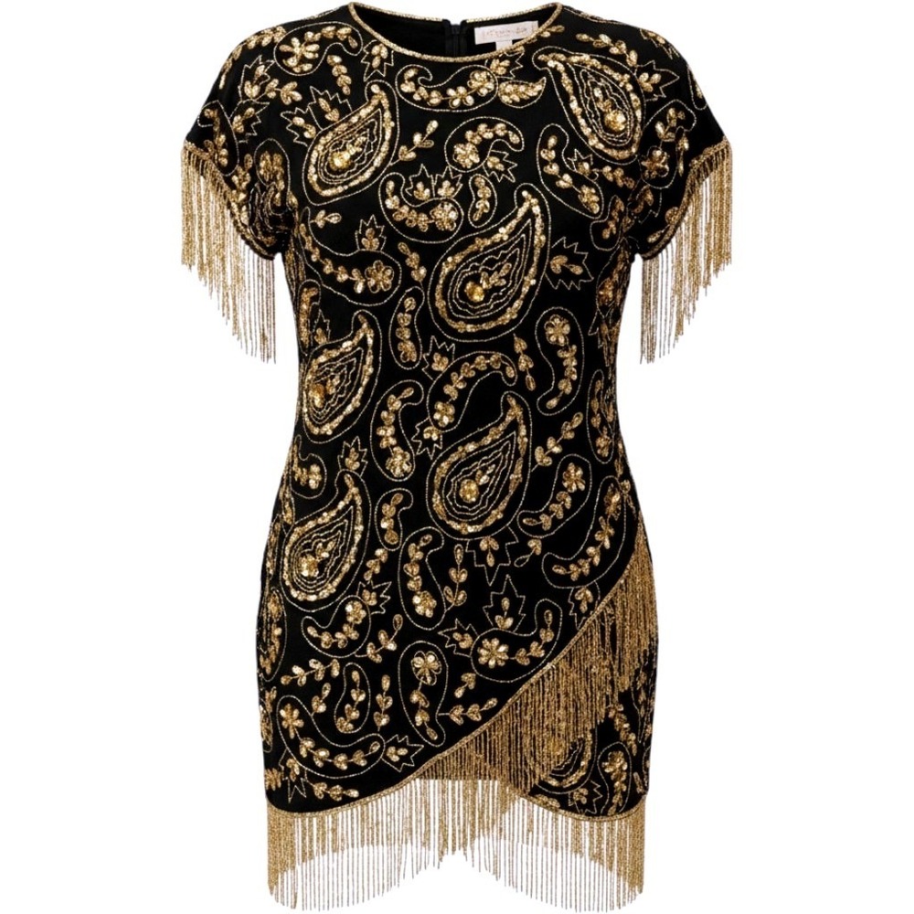 VTG Laurence Kazar 4X Dress Blac/ Silk/Gold Sequin Beaded Fringe Paisley Plus Sz